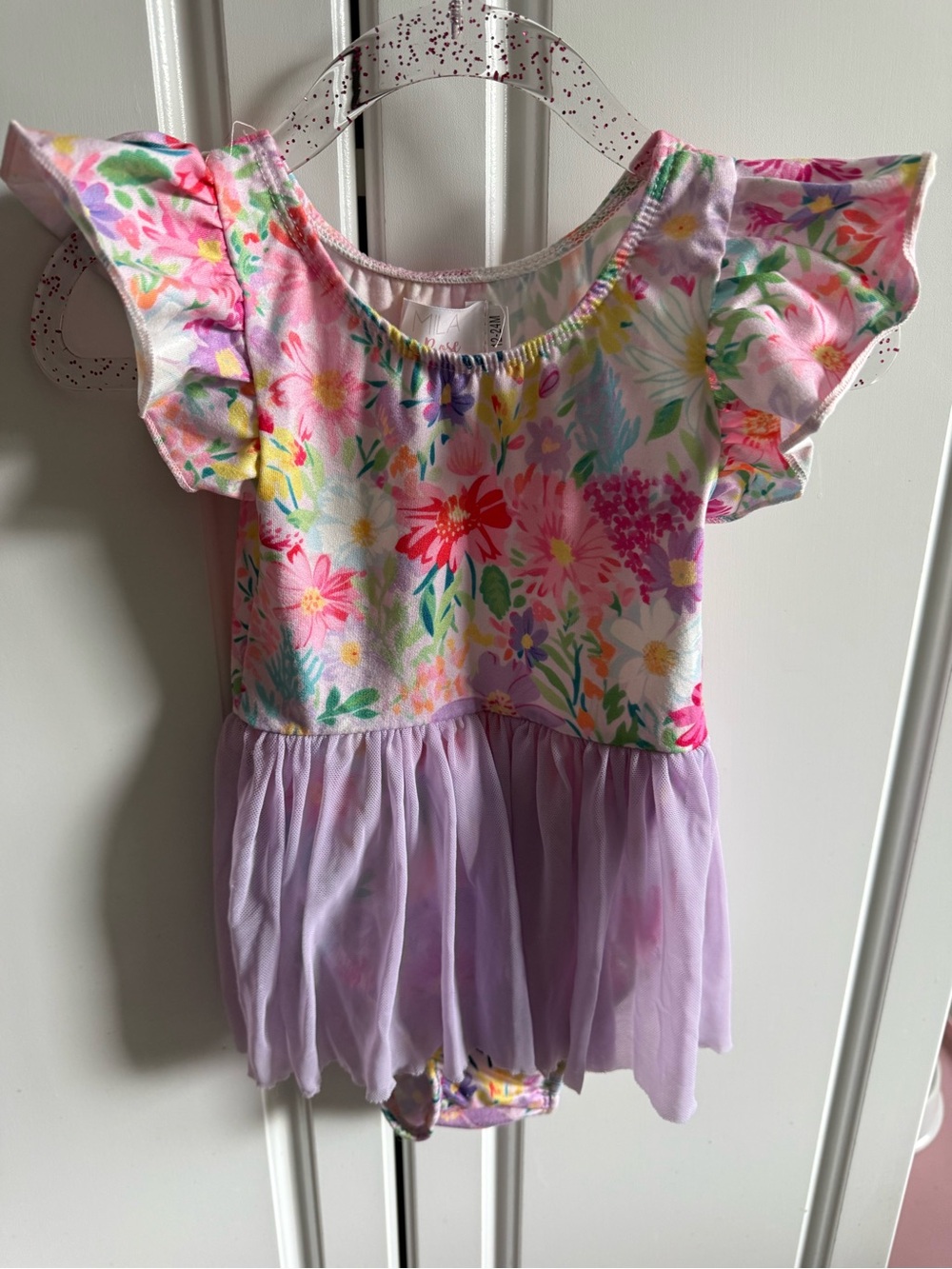 Girls Floral Pink & Lavender Flutter-Sleeve Gymnastics Bodysuit